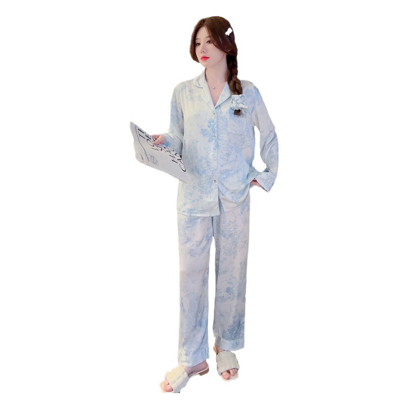 French Style Jungle Pajamas Women's Spring and Autumn New Long-sleeved Cardigan Suit Thin High-grade Silk Lazy Women's Home Clothes
