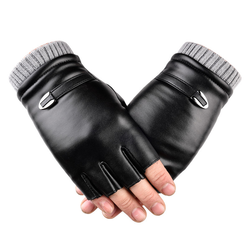 Picture of Student Men's Winter Fleece-lined Warm Half-finger Gloves Imitation Leather Riding Gloves Driving Fitness Thickened Soft Leather Gloves