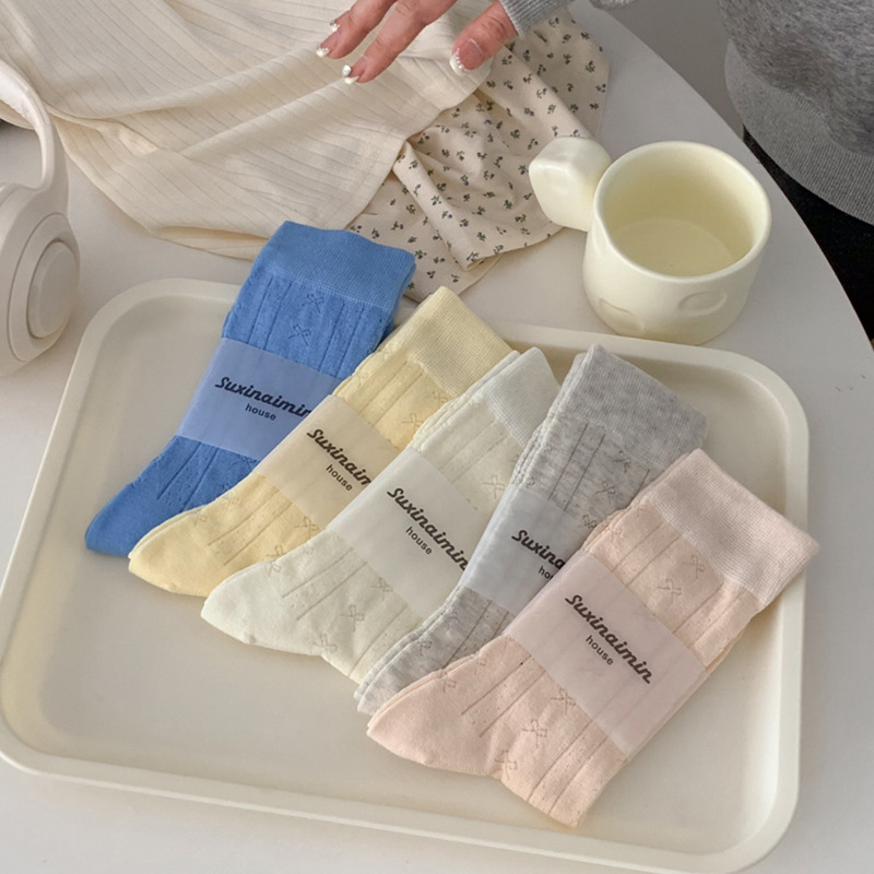 suxinaimin spring and summer South Korea simple bow tube sweet thin cotton miu wind lazy pile socks