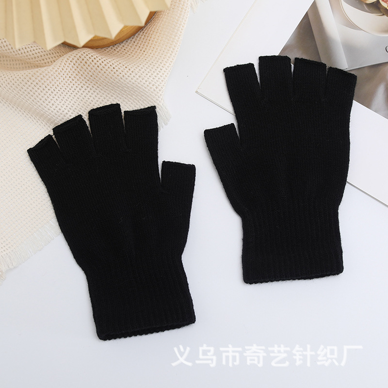 Picture of Black half finger finger elastic stretch acrylic knitted winter gloves for mobile phone
