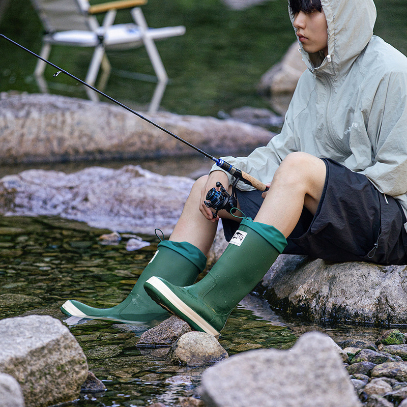 Thick-soled cotton-padded high-top rain boots couple camping rain boots outdoor wading drawstring upstream fishing waterproof non-slip water shoes