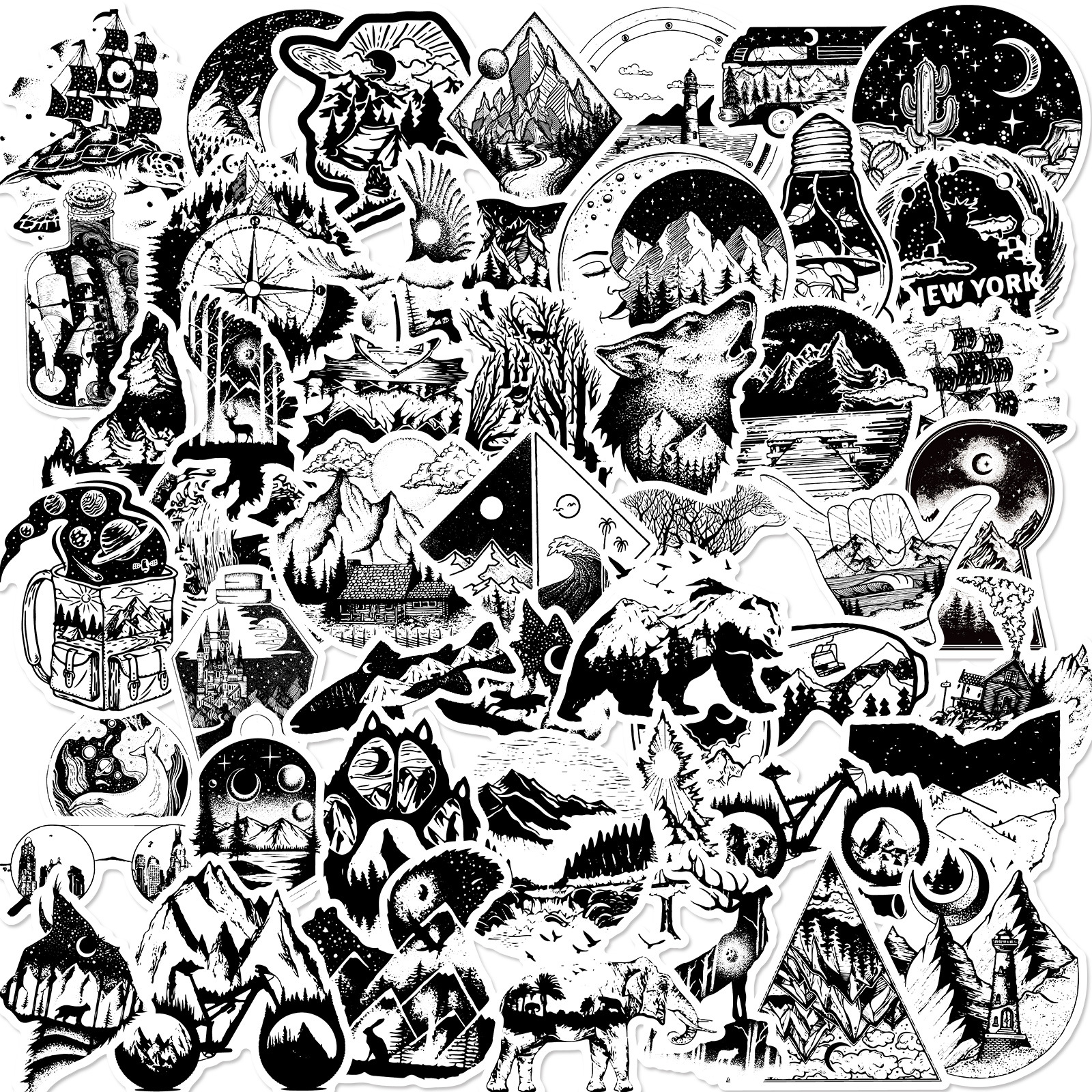 50 Pieces of Creative Black and White Gothic Stickers, Punk Style Waterproof Luggage Graffiti Motorcycle Head Decals, Outdoor Waterproof