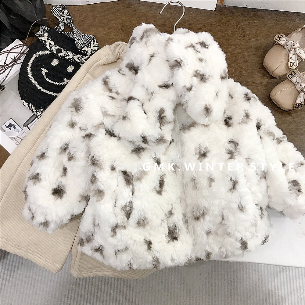 Girls' Winter Coat New Western Style Children's Leopard Print Imitation Fur Fur Padded Cotton Top for Baby Girls Winter Foreign Trade