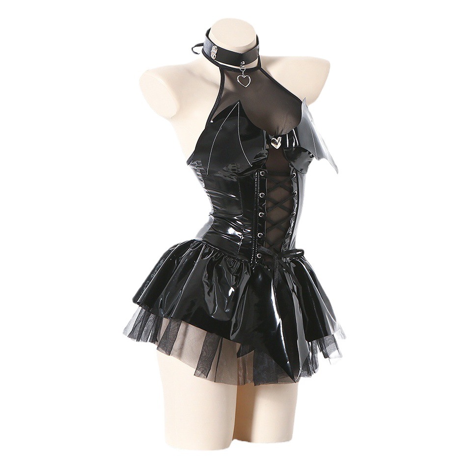New sexy lingerie glossy PU halter strap bat little devil perspective skirt suit