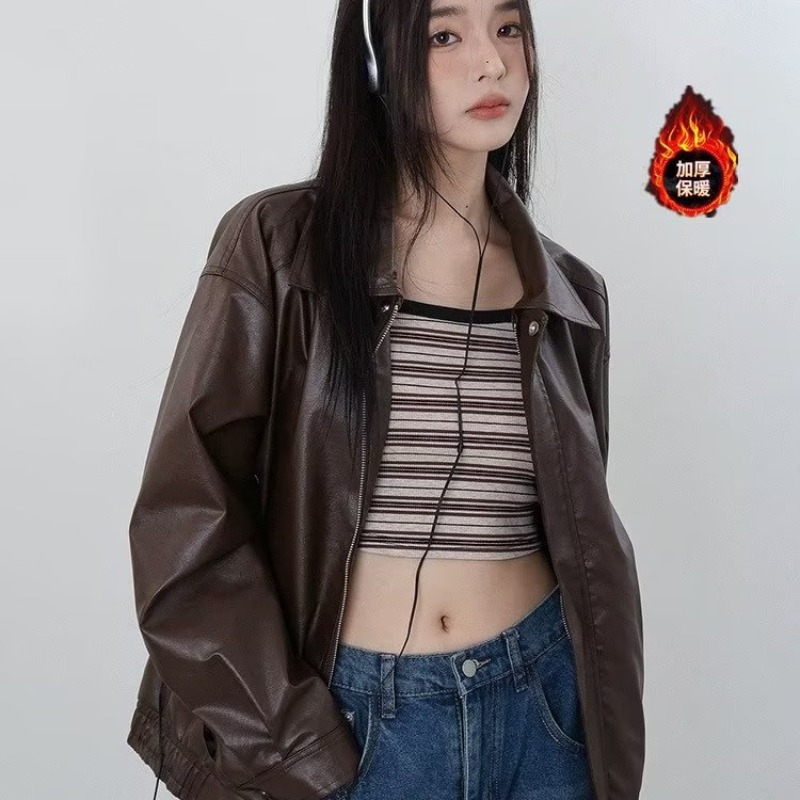 Picture of Cross-Border Hong Kong Style Brown Leather Jacket for Women 2023 New Autum American Retro Street Sweet and Cool Motorcycle Pu Wallet