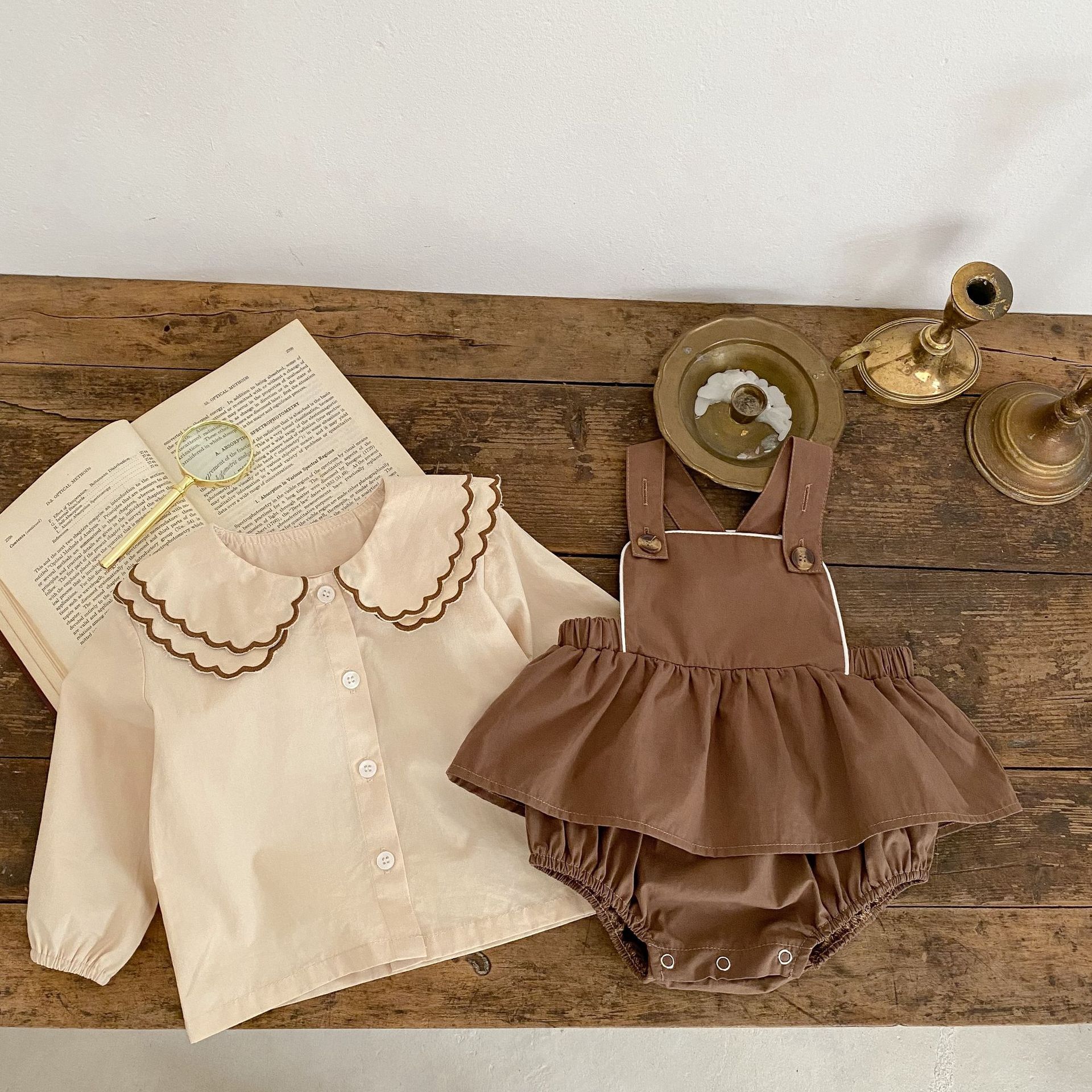 Picture of 2025 New Fashionable Baby Girl Sling Romper Bag Fart Clothes Baby Dress + Doll Collar Shirt Two-Piece Set