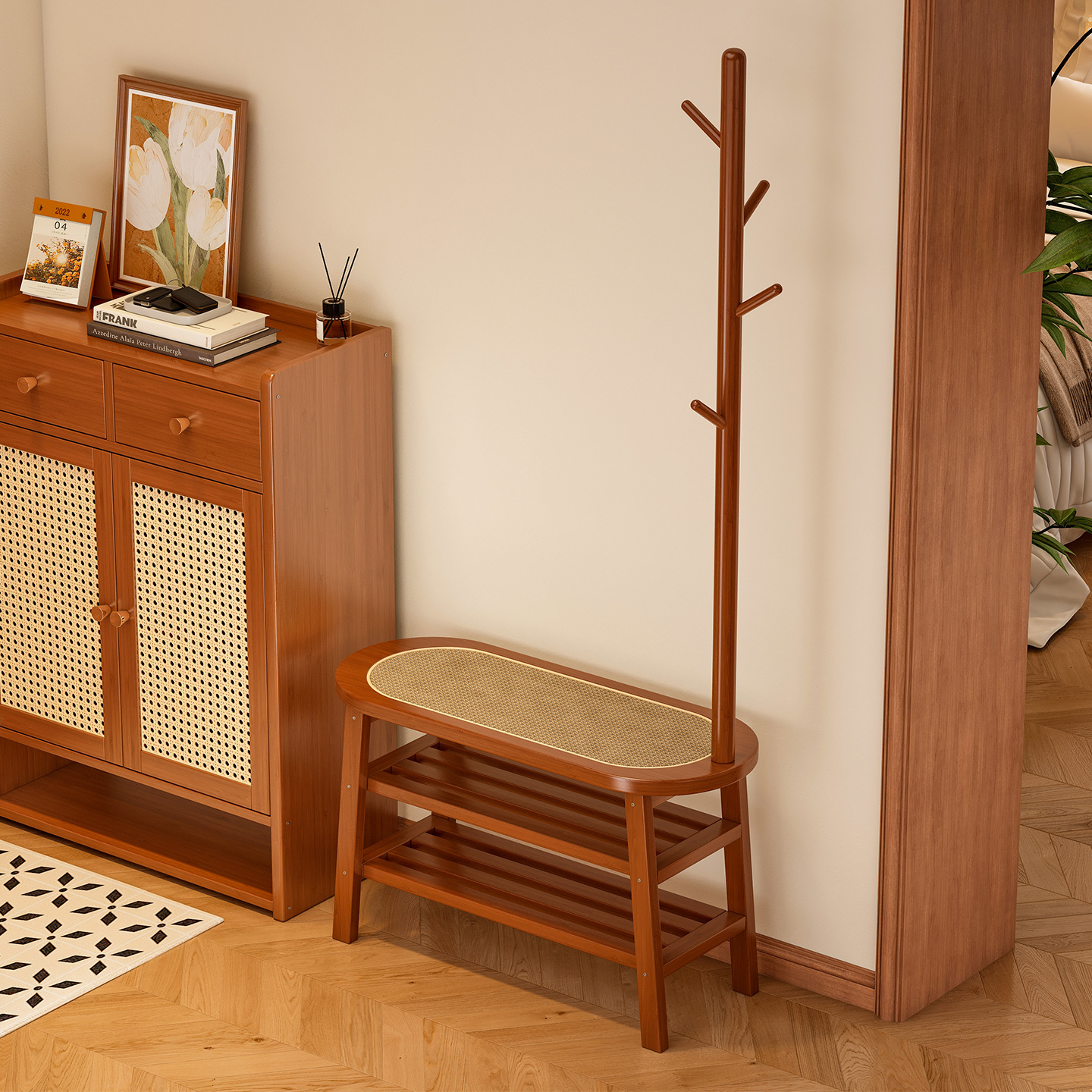 Shoe changing stool, household door stool, hanging clothes, integrated coat rack, entrance door, simple rattan multi-layer shoe rack storage stool