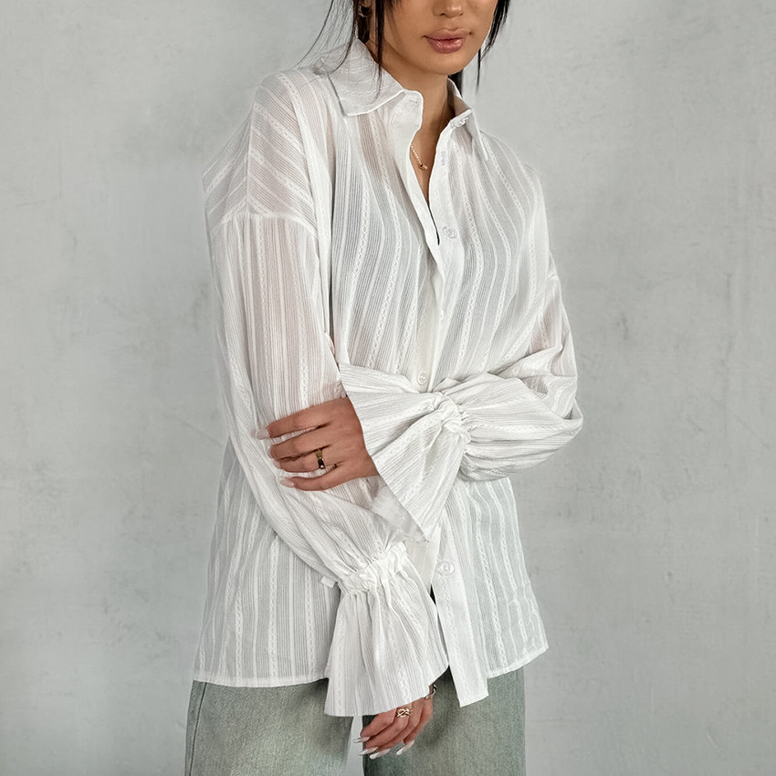 Picture of French Jacquard Pure Cotton Lapel Shirt 2025 Autum Work Clothing Loose Inner Bell Sleeve White Shirt Export Women's Clothing