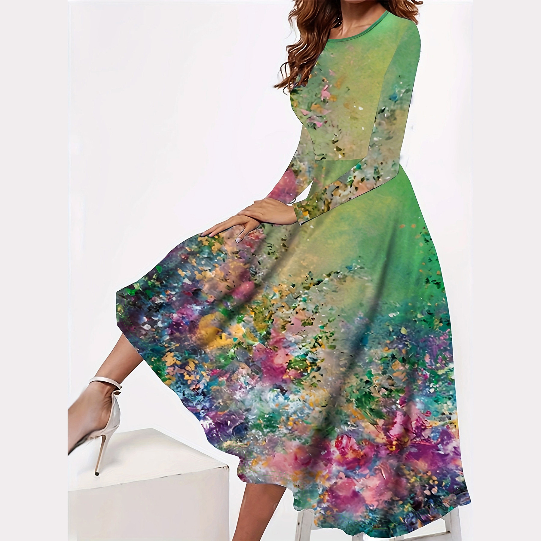Cross-border Amazon European and American Women's Clothing Spring and Autumn Explosions Simple Casual Style Retro Floral Printed dress Dress