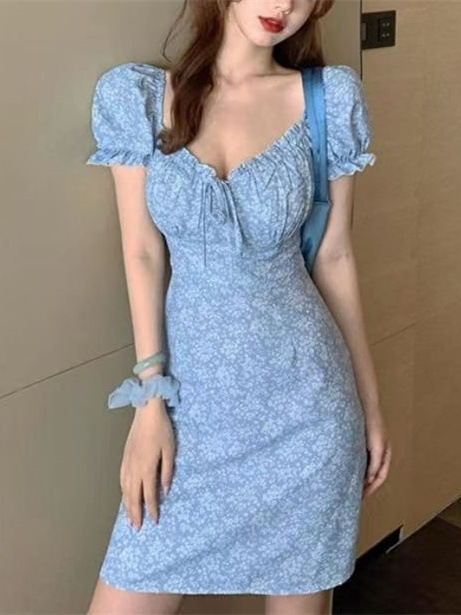 Cross-Border Amazon Popular Skirt French Niche Scheming Exposed Clavicle Square Collar Platycodon Skirt Waist Floral Dress