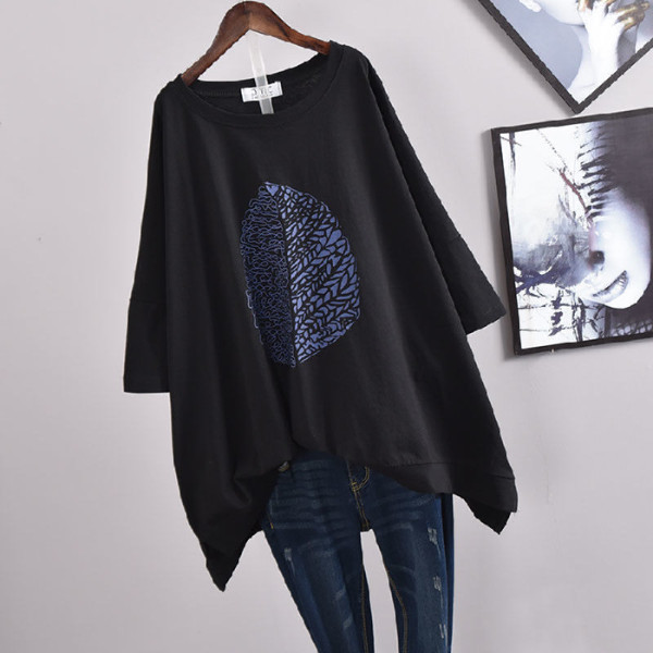 Picture of 100kg Plus Size Women's Summer Leaf Print Casual Slit Mid-Length Short Sleeve T-Shirt Loose Oversized Style