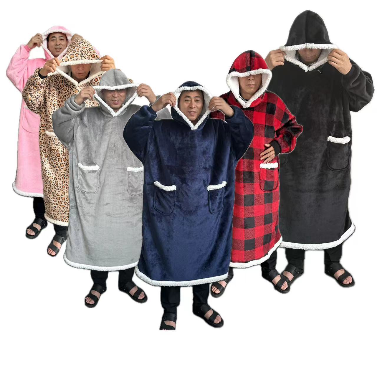 2024 European and American Foreign Trade Hooded Double-Layer Pullover Lazy Blanket Flannel Women's Clothing Pajamas Long Thickened