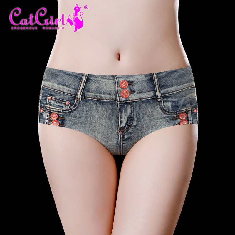 catgirl denim printed Ice Silk seamless underwear waist ladies one-piece briefs printed underwear manufacturers
