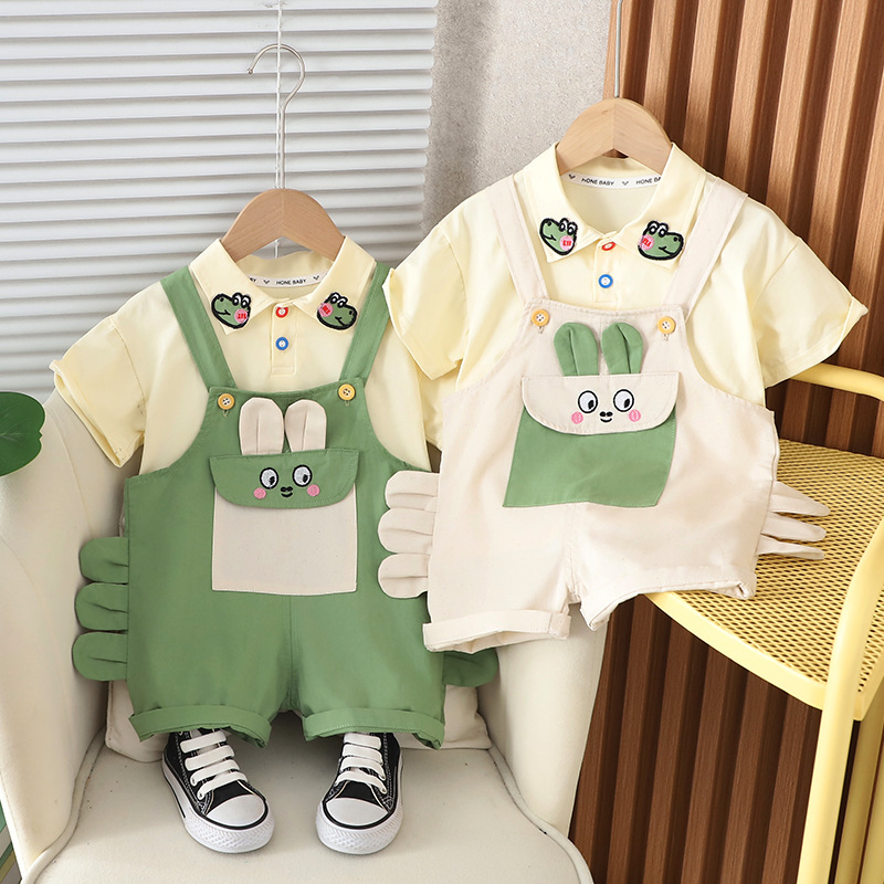 Boys Summer Short-sleeved Suit New Korean Style Handsome Boys Summer Sticker Rabbit Strap Short-sleeved Suit