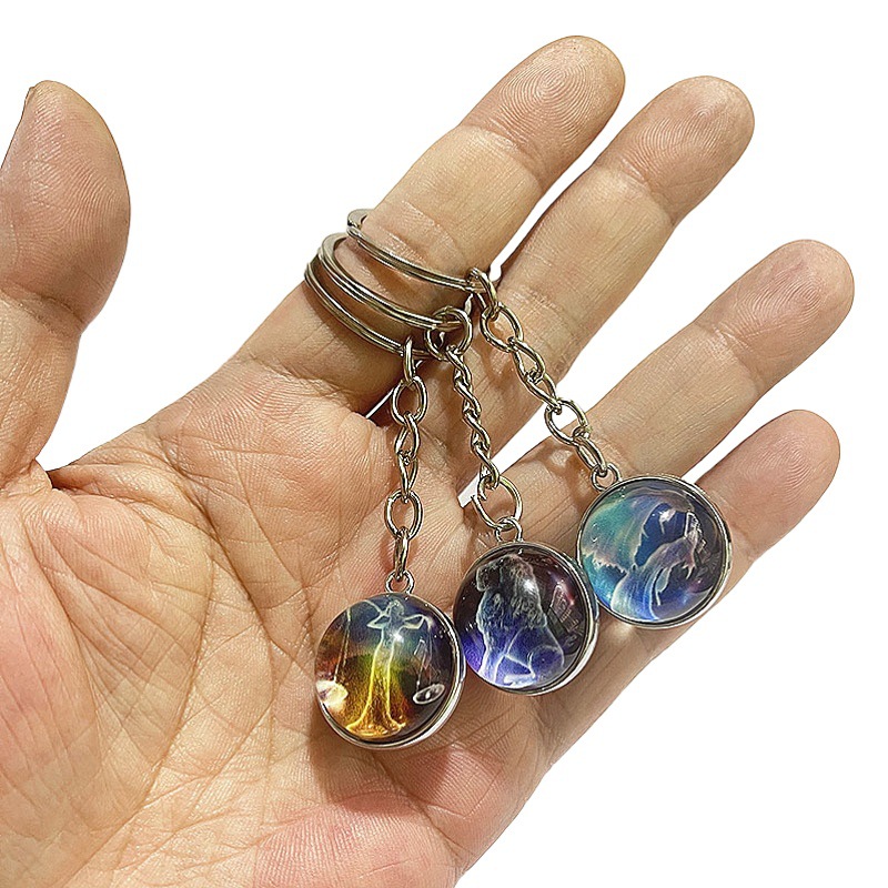 Amazon hot-selling fantasy twelve constellations luminous double-sided glass ball key chain key chain pendant Accessories Wholesale