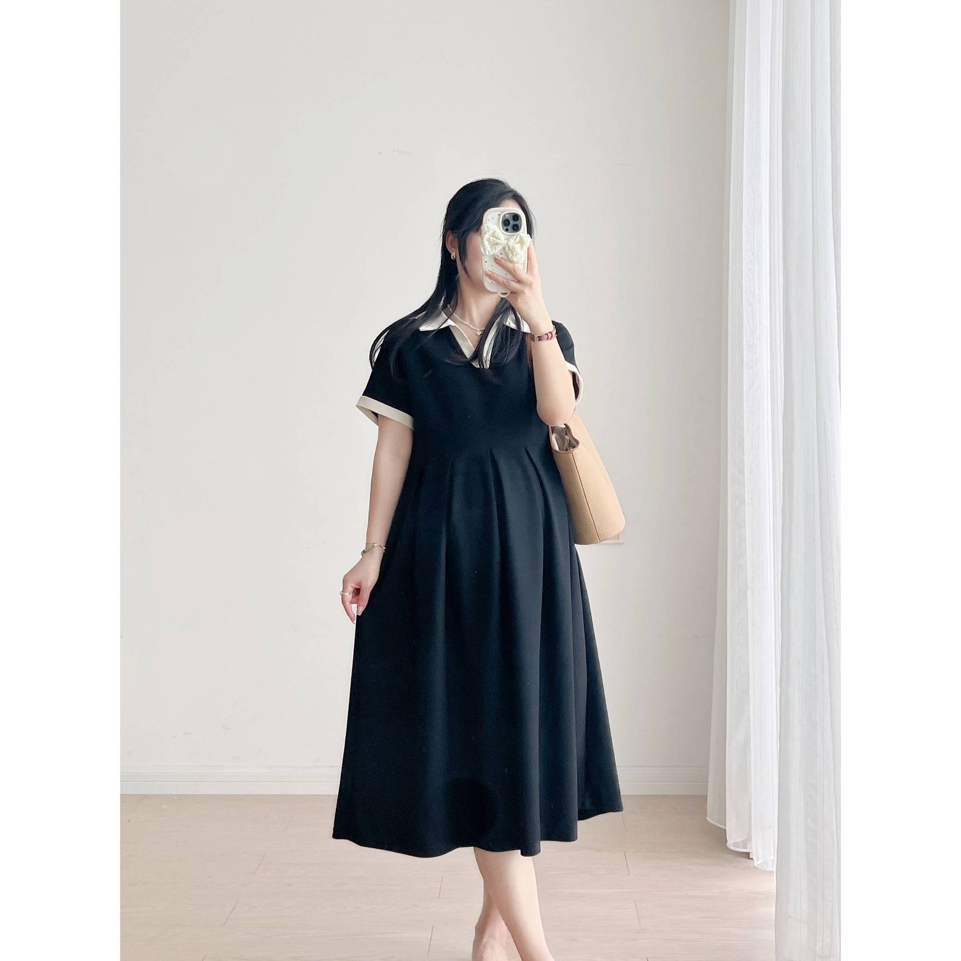 Pregnant Women's Summer Dress Korean Style dress 2025 New Summer Slim Black plus size Summer Maternity Dress A- Line Skirt