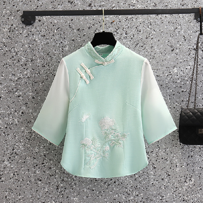 Picture of Vintage Chinese Top Set Large Size Chinese Style Seven-point Sleeve Cheongsam Peony Embroidered Gradient Pants Two-piece Set