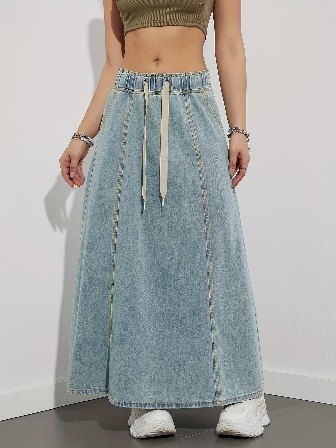 Cross-Border Denim Elastic Waist Drawstring Denim Skirt for Women 2025 New Retro High Waist Slim Loose Denim Skirt
