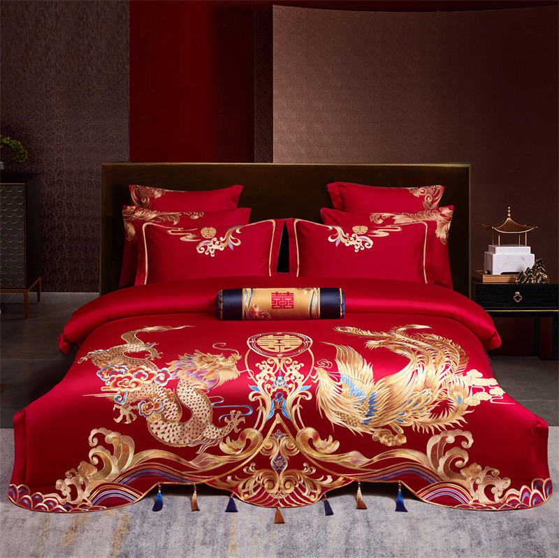 Picture of High-End 120S Pure Cotton Long-Staple Cotton Wedding Four-Piece Set New Chinese Style Dragon and Phoenix Embroidery Wedding Red Bedding