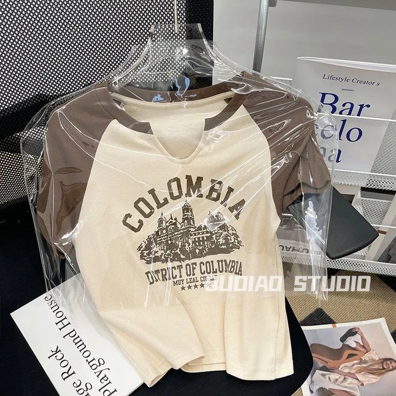 Contrast Color Stitching Short-sleeved T-shirt Women's Summer Korean-style New Niche High Waist Short Printed Rags Top Base Shirt