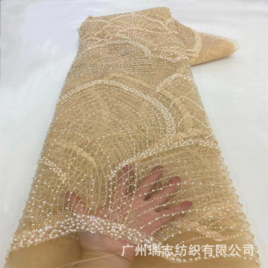 French Beaded Sequins Embroidery Dyeing Warp Knitted Large Machine Embroidered Lace Fabric Evening Dress Mesh Embroidered Cloth