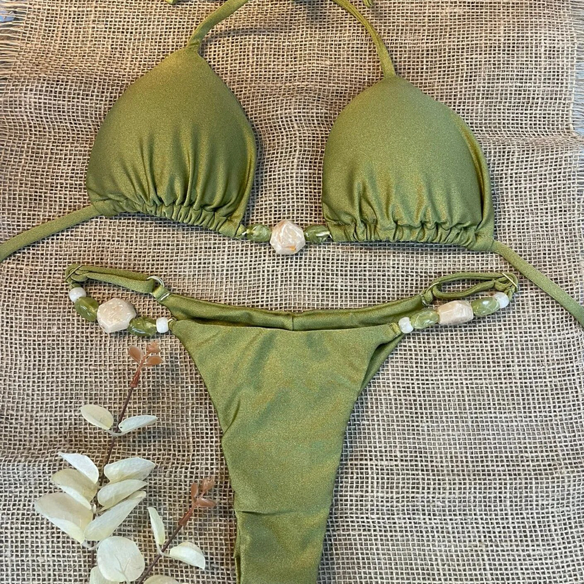2025 Cross-border New Beach Swimsuit Bikini Three-point Neck European and American Drawstring Swimsuit Solid Color Split Women