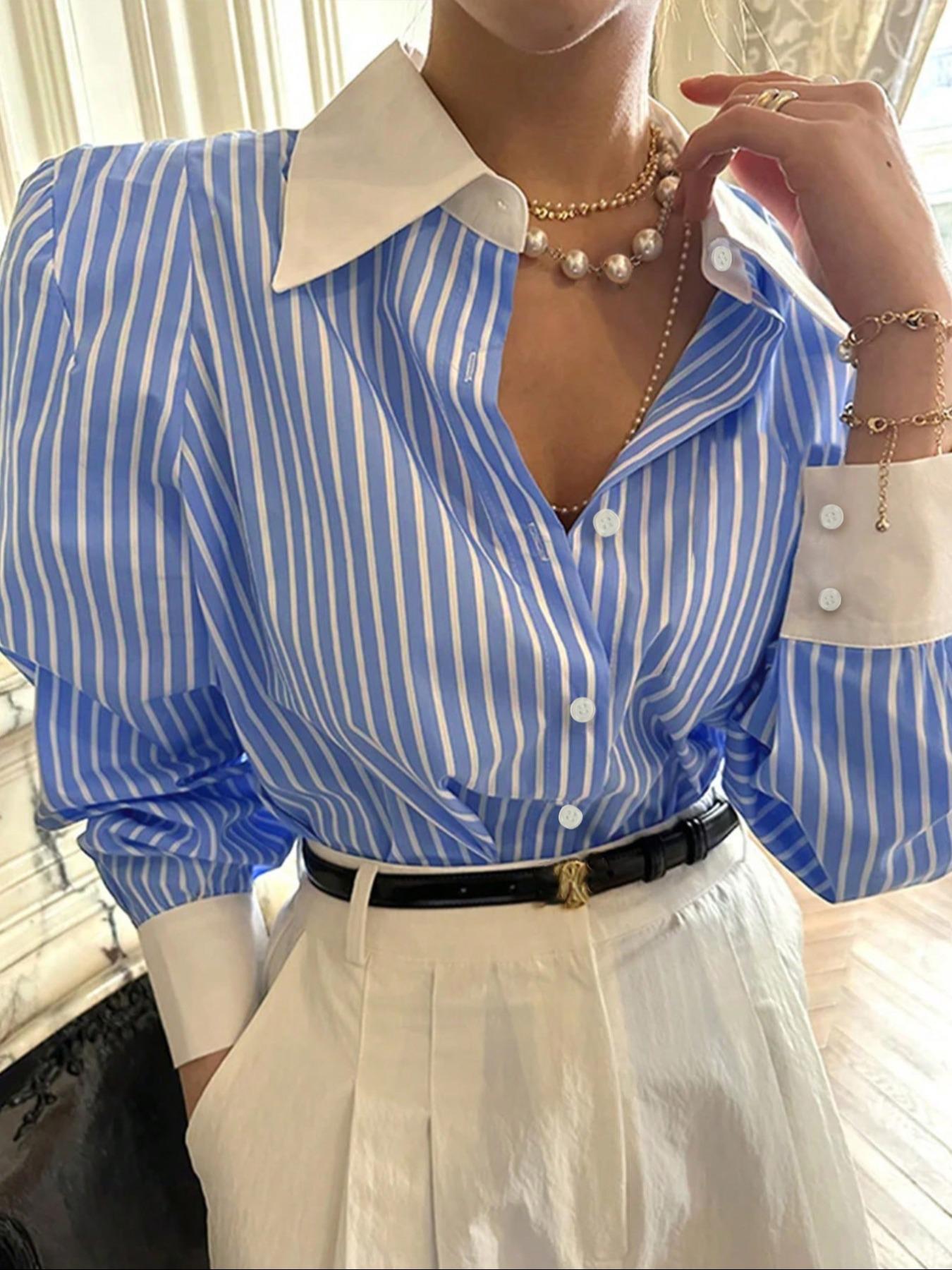 2024 cross-border European and American independent station French striped stitching shirt loose casual lapel outer shirt women's fashion