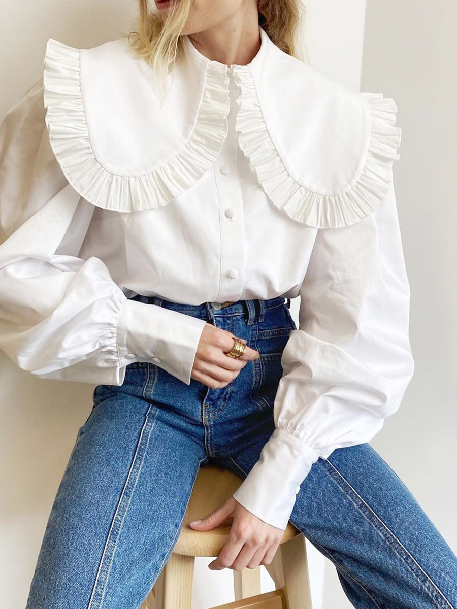 Picture of European and American Fashionable Sweet White Doll Collar Shirt 2024 Design Loose Women's Pure Cotton Cardigan Long-Sleeved Top