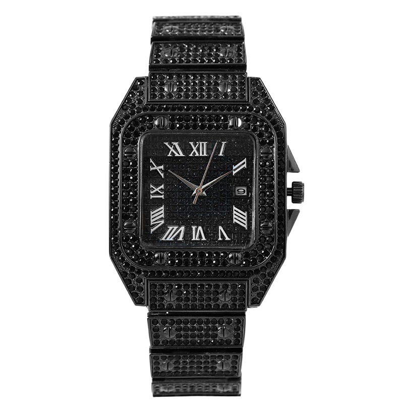Foreign Trade Popular Fashion Hot-Selling Calendar Square Full Diamond-Encrusted Women's Watch Women's Watch Quartz Roman Pattern Gypsophila