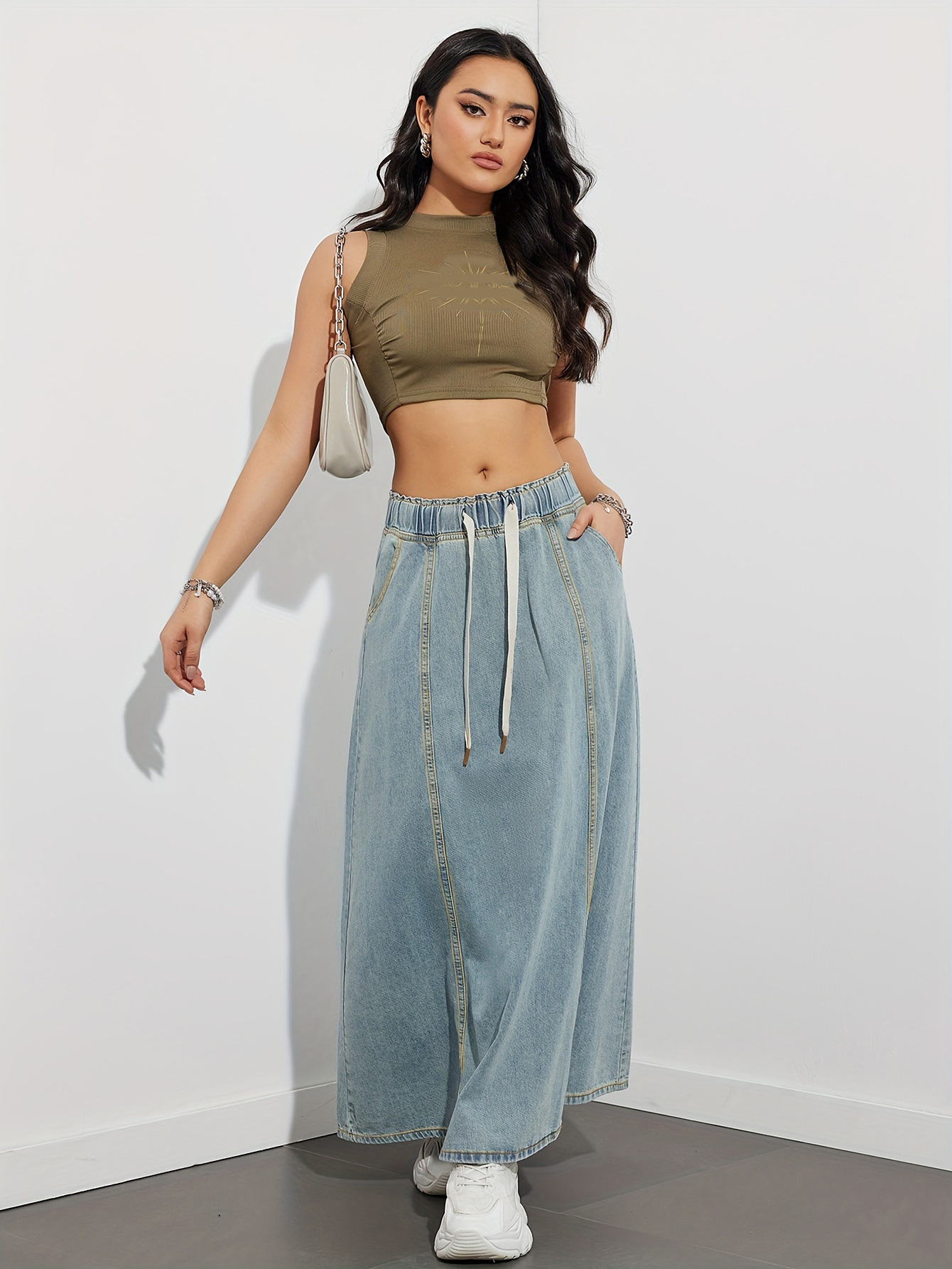Picture of Cross-Border Foreign Trade European and American Independent Station American Design Elastic Waist Loose Large Swing Skirt Denim Skirt Women's Casual Long Skirt