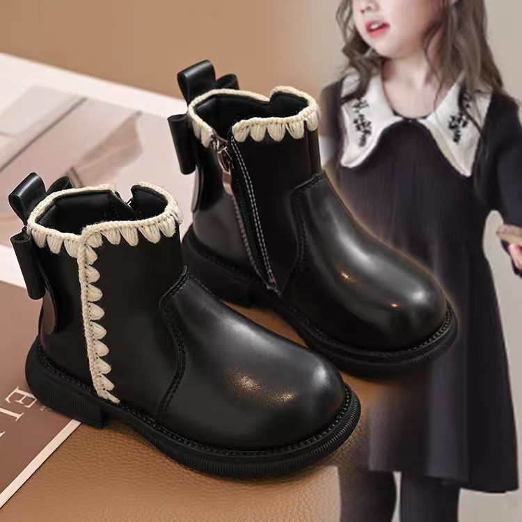 Girls' boots 2025 new autumn/winter children's shoes, girls' princess short boots, bow knot, winter fleece-lined Martin boots