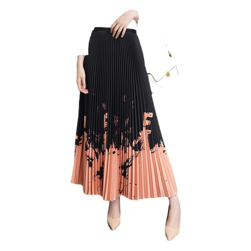 Printed Pleated Skirt Spring & Fall Women's Mid-High Waist Slimming Look Spring Large Size A-Line Skirt Long Style with Elegant Elegant