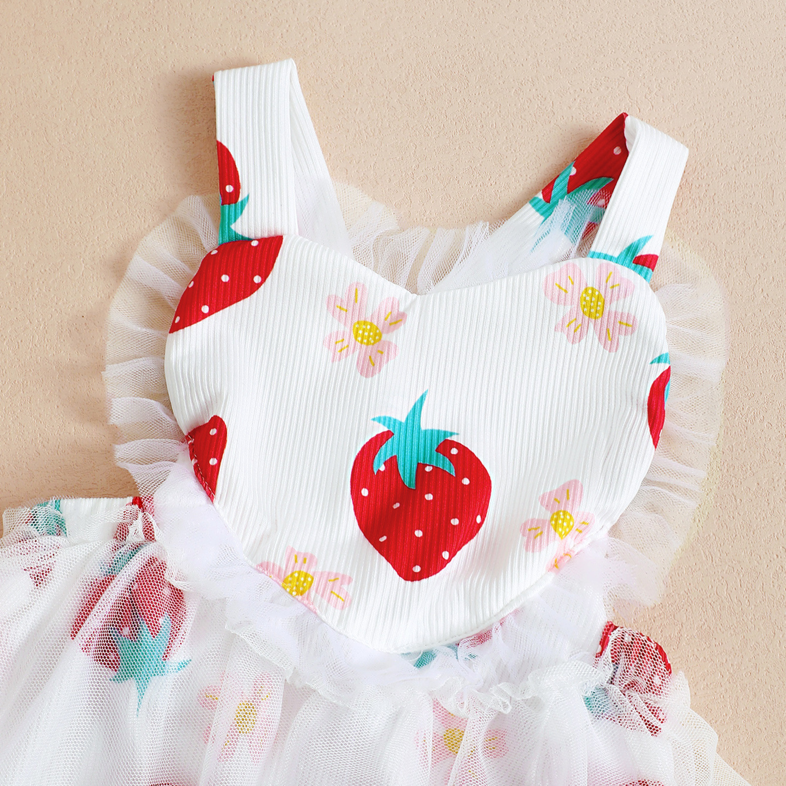 Picture of Cross-border Baby Children's New Girl's Strawberry Pattern Summer Strap Mesh Hare Dress Headwear Two-piece Set