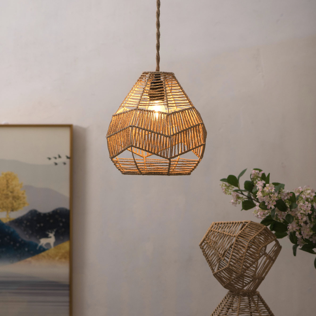 Picture of Hand-woven paper rope lampshade imitation rattan retro chandelier pastoral style rattan art homestay tea room restaurant creative lighting