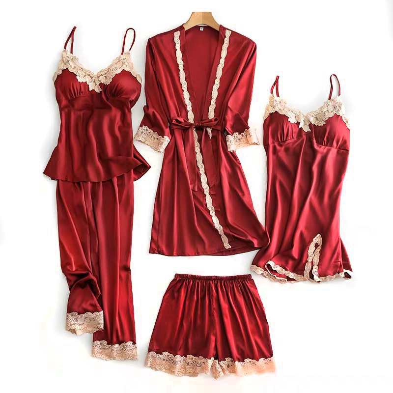 Picture of Spring and Autumn Pajamas Ice Silk Women's Spring and Summer Sexy Pajamas Five-piece Set Satin Nightgown Sling Nightgown with Chest Pad Home Clothes