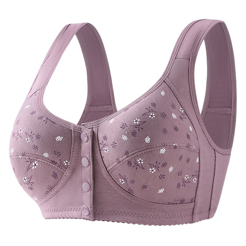 New Style Printed Front Buckle Underwear Women's Soft Cotton Vest Middle-aged and Elderly Bra Large Size Underwear Without Steel Rings for Women