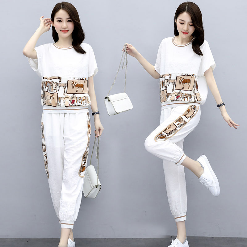 Fashion Sports Suit Women's Large Size Women's Clothing 2020 Summer New Western Style Loose Slimming Casual Short-sleeved Two-piece Suit