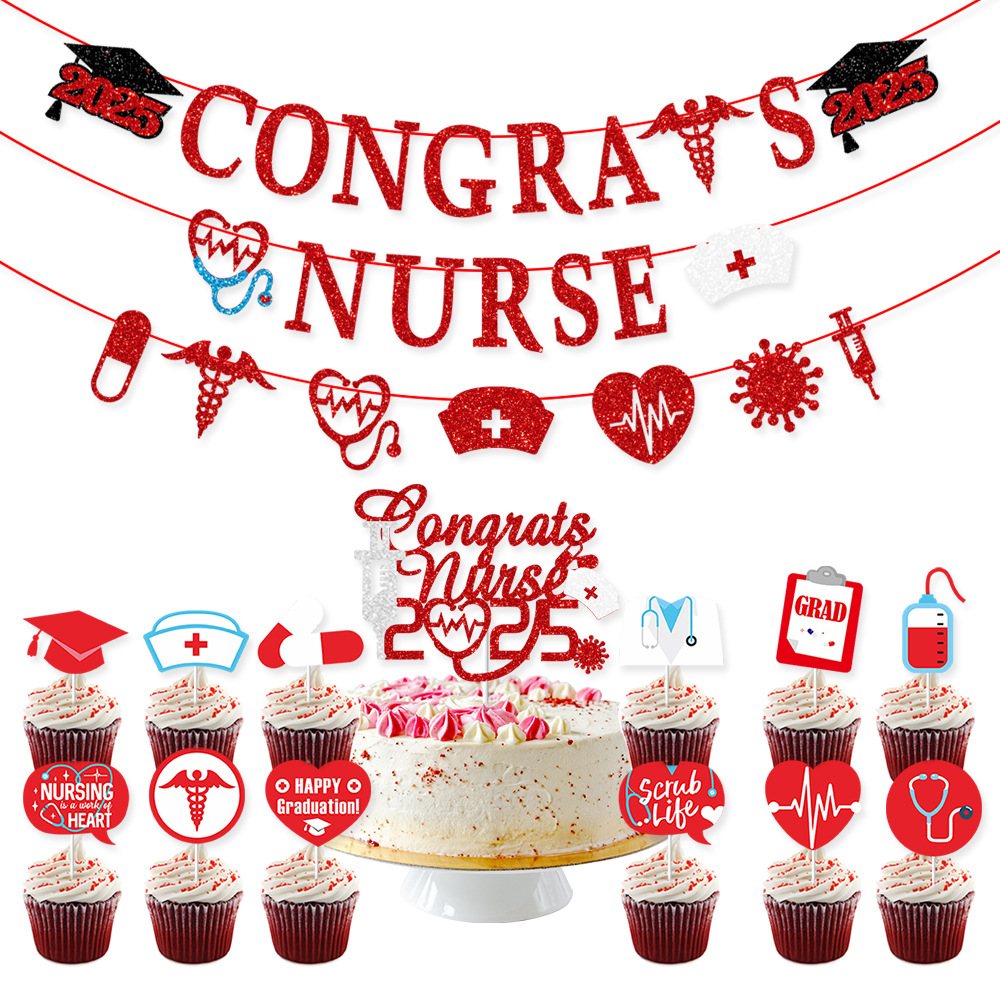 Picture of Doctor and NURSE Festival Theme Graduation Season Decoration Flag CONGRATS NURSE Flag Flower Cake Card