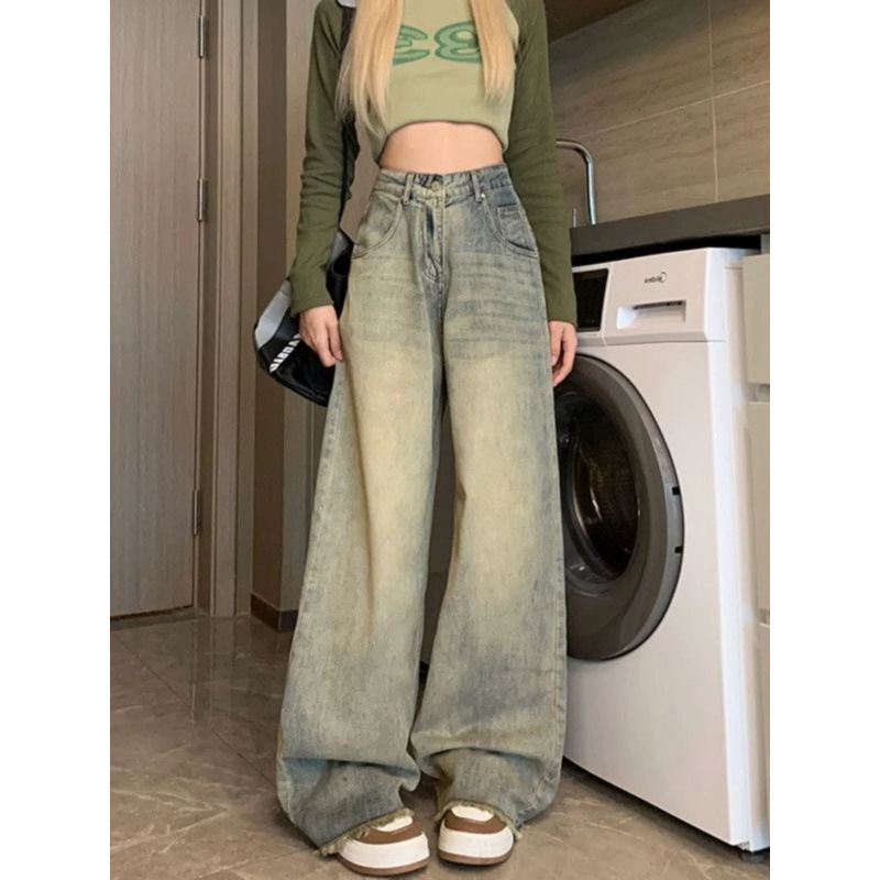 Vintage Washed Yellow Mud Color Wide Leg Jeans Women's Spring and Summer New High Waist Loose Straight Tube Trendy Trendy Trousers
