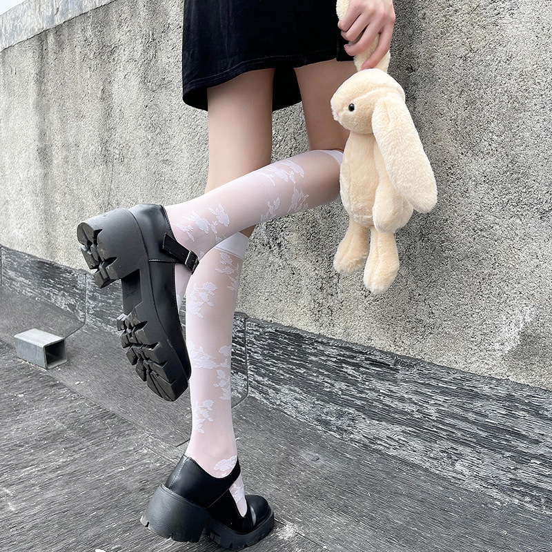 Picture of Silk stockings summer socks knee socks small polka dot half white half jk tide socks ins ladies black ultra-thin