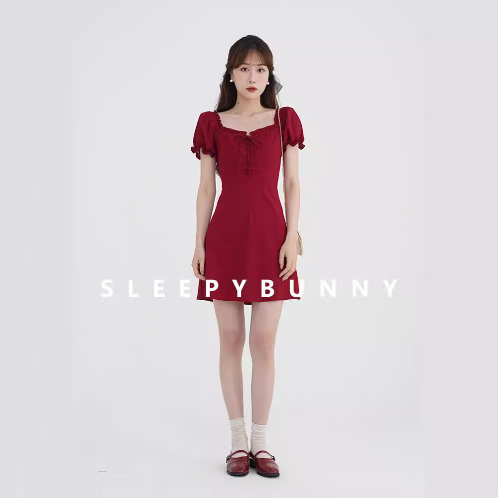 White Red Square Collar Puff Sleeve Dress Women's Summer Platycodon French Design Tight Waist Slim A- Line Skirt