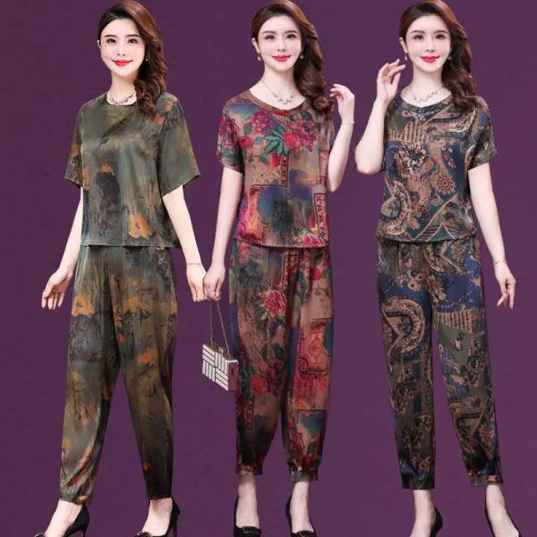 2022 Two-Piece Summer Mother Dress Retro Loose Belly Covering Large Size Middle-Aged Ethnic Style Cropped Pants Suit for Women