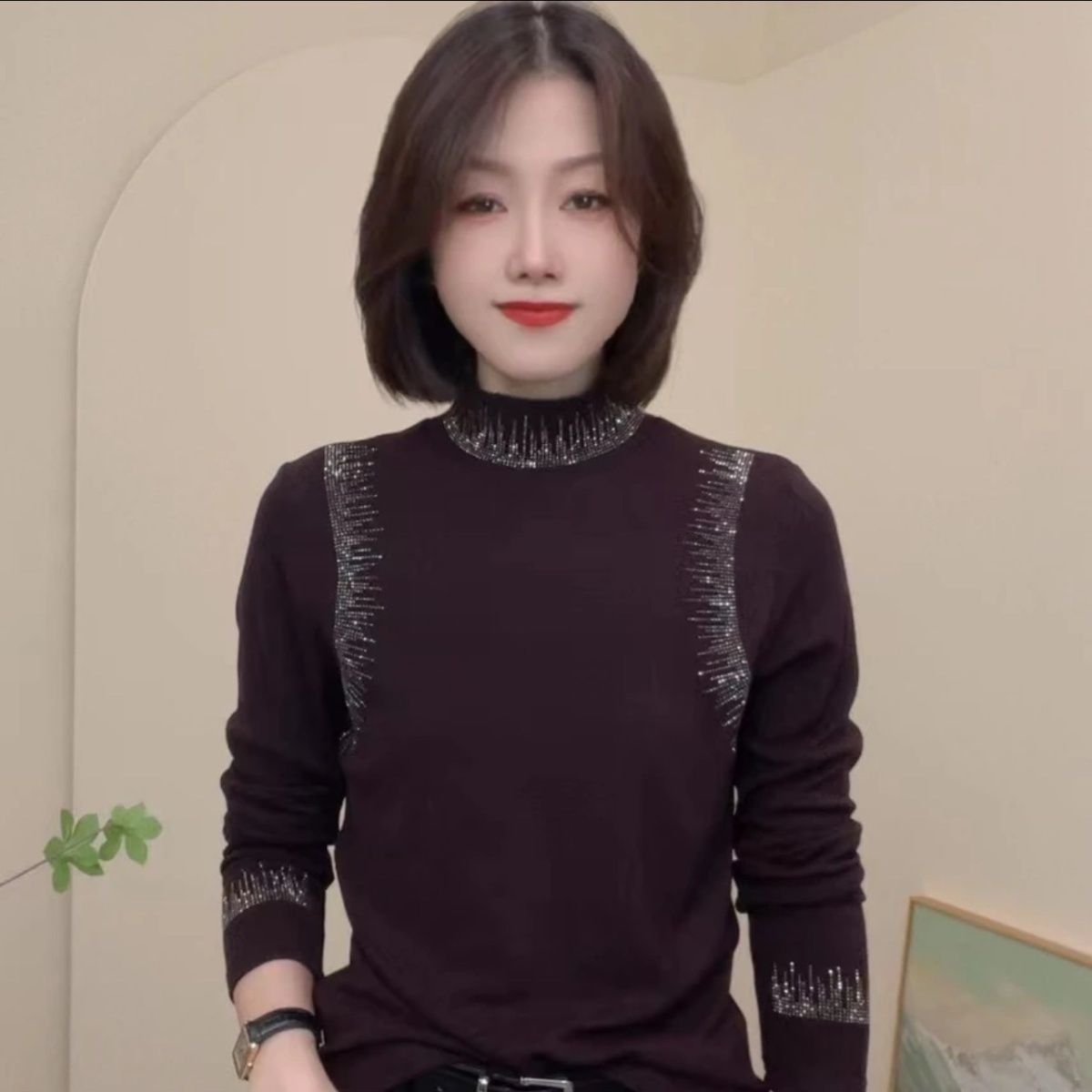 Trendy Autumn and Winter New Half-High Collar German Velvet Elegant Long-Sleeve T-Shirt Solid Color Versatile Design Fashion Base Layer