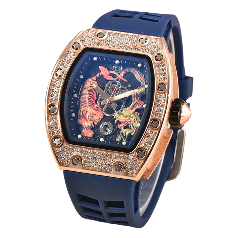 Wholesale colorful literal quartz watch versatile trendy men's watch with calendar barrel-shaped full diamond quartz watch