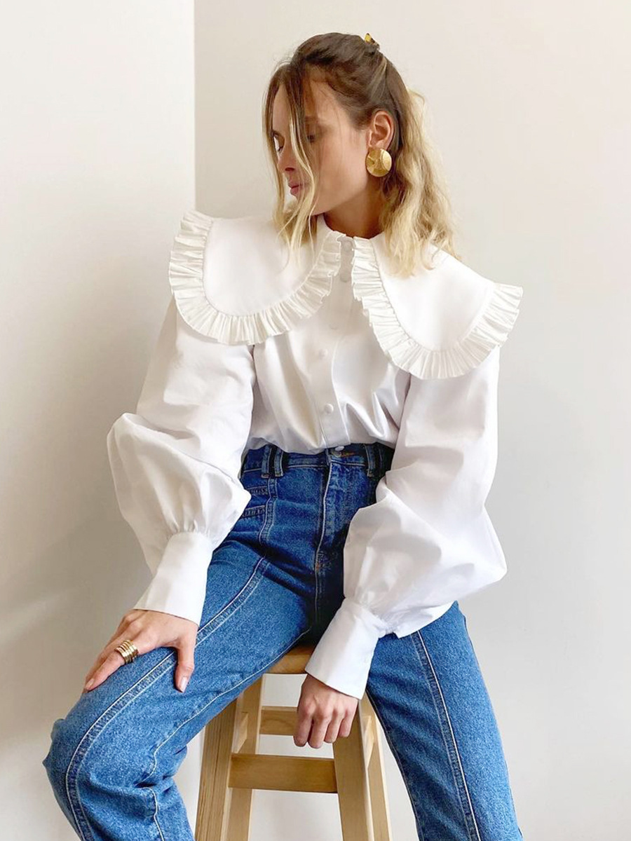 European and American Fashionable Sweet White Doll Collar Shirt 2024 Design Loose Women's Pure Cotton Cardigan Long-Sleeved Top