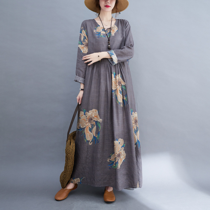 2025 New Style Literary Plus-Size Plus-Size Printed Long-Sleeved Dress Cross-Border Women's Clothing