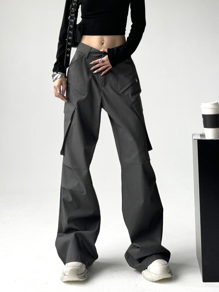 Hot Girl Gray Overalls Women's Spring & Fall 2024 New American Retro Casual Wide-Leg Micro-Flared Pants Slimming Look