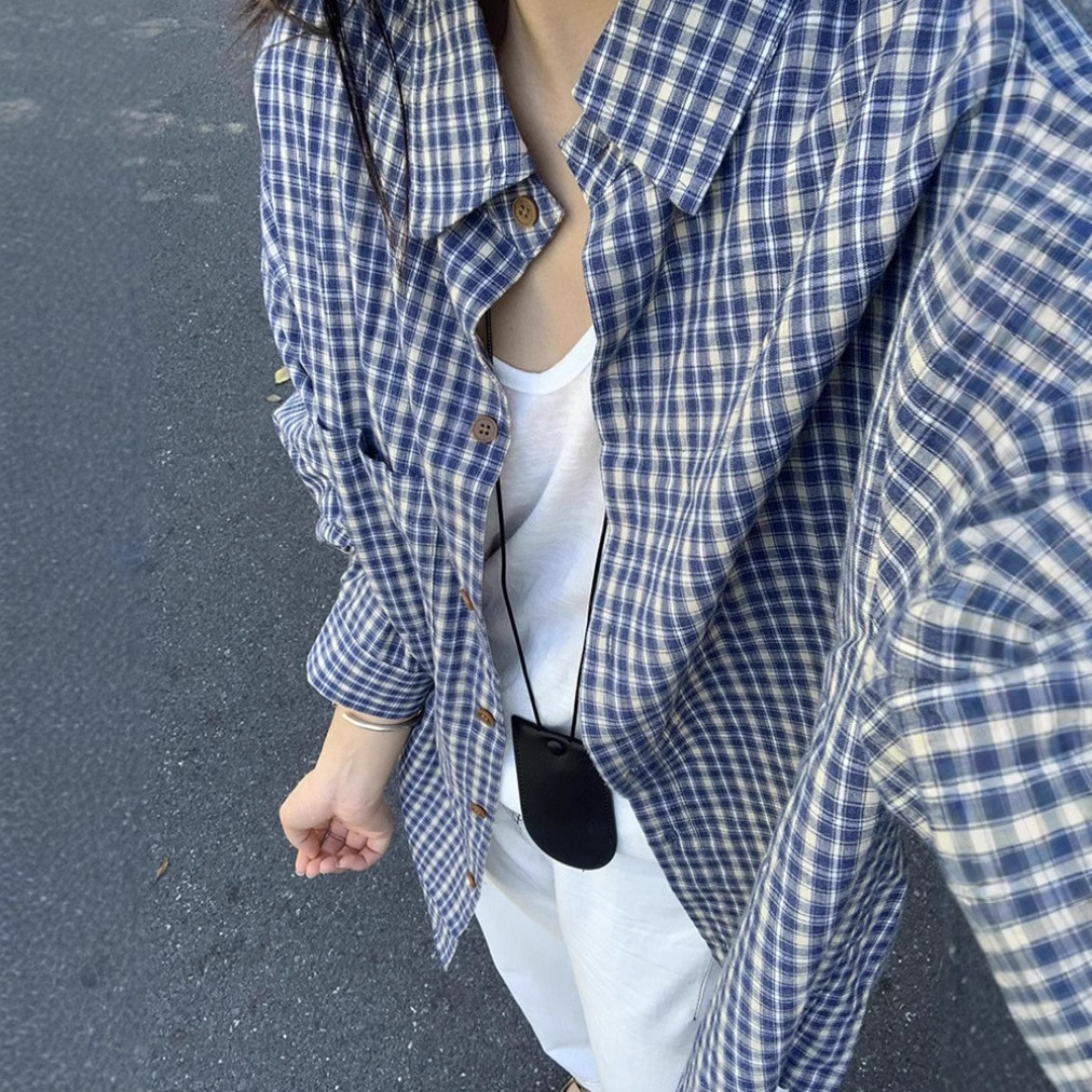 Korean Style Blue White Plaid Shirt Coat Women's Spring Lazy Style Shirt Loose Casual Outer Cardigan Top