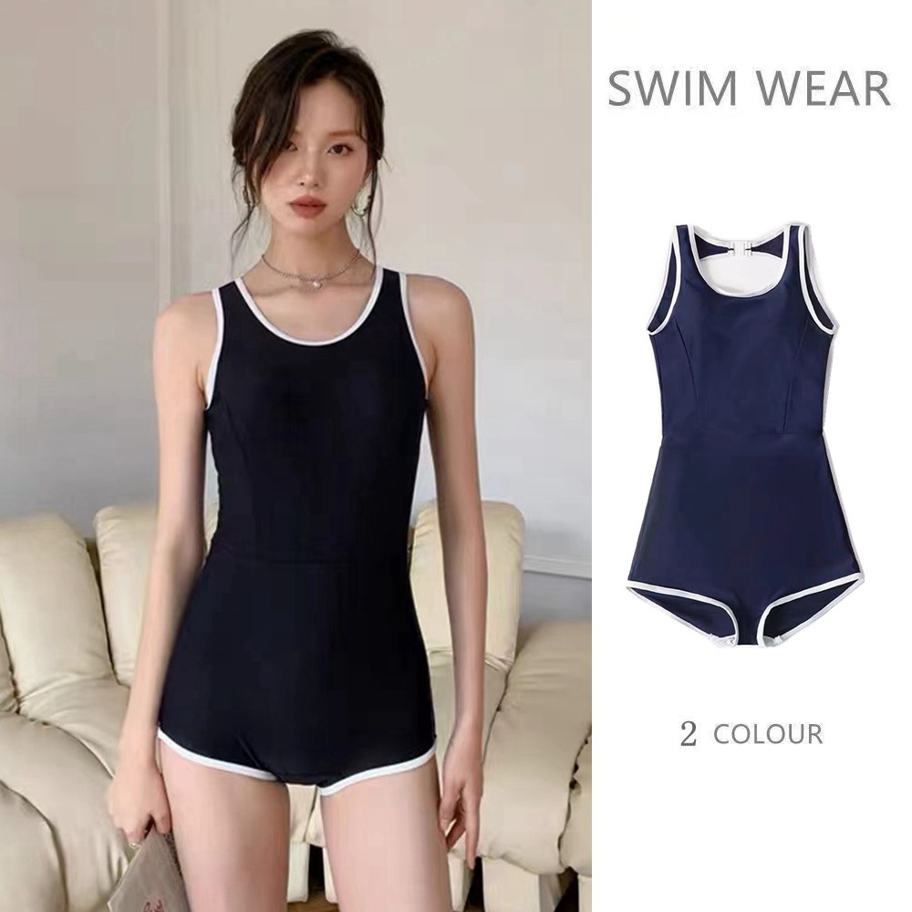 Quick-drying Korean Ins Conservative Swimsuit Women's Small Chest Slimming Sports Simple Boxer Swimsuit Hot Spring Vacation