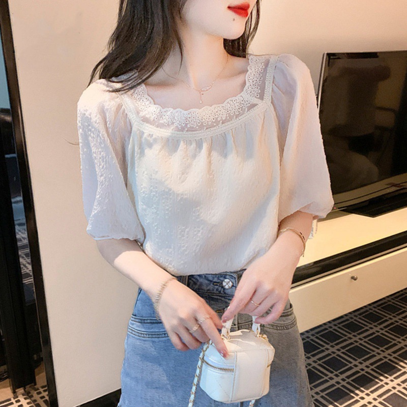 Summer Elegant Chiffon Short-Sleeved T-Shirt Women's Summer Wear 2025 Puff Sleeve Top Short Square Collar